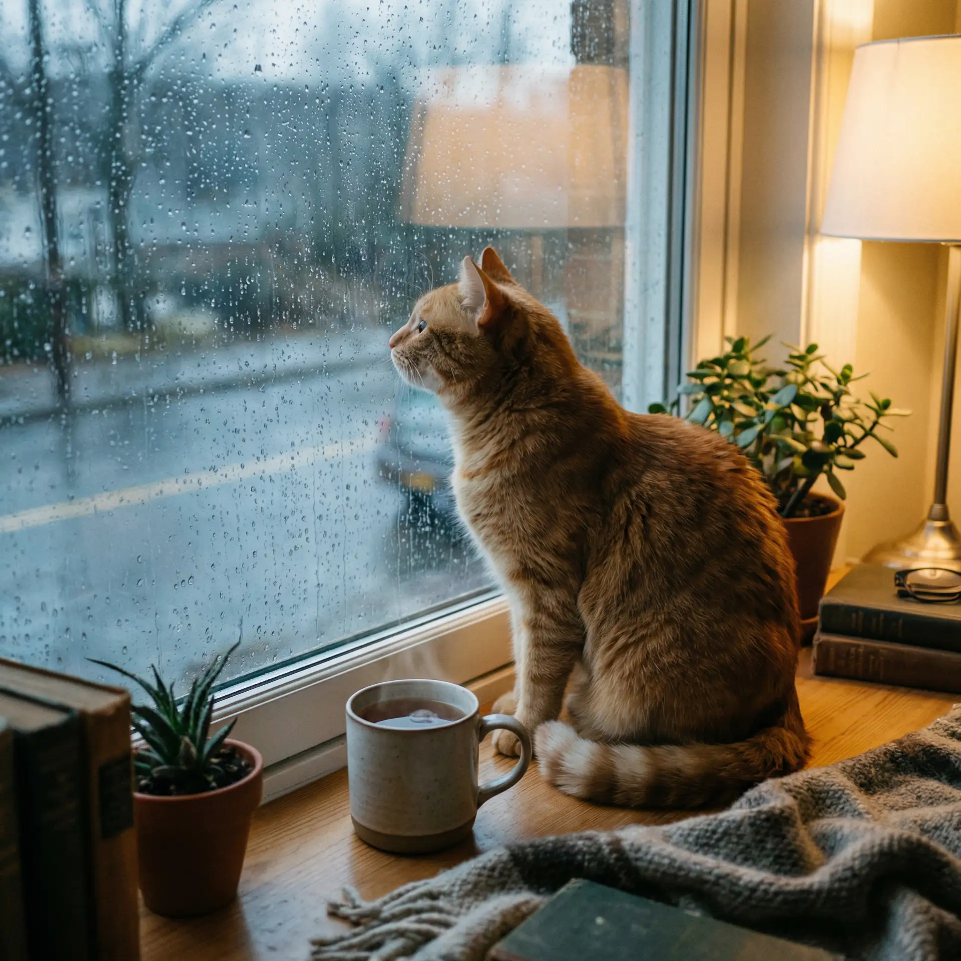 猫咪望着窗外的雨 - 脱光光